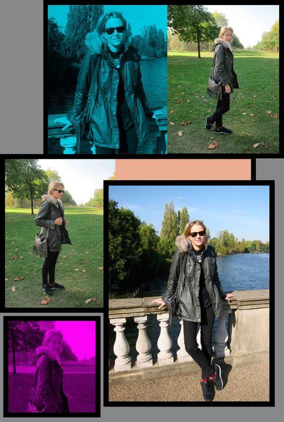 Chaquetón de PDH Sport, pantalones de piel de melocoton PDHSport , foulard de Capucine Pointillart, zapatillas de Skechers con cordones negros, bolso de tachuelas de la tienda Mordisco de Mujer de Sevilla, collar de Pedro del Hierro y calcetines TOPSHOP.
