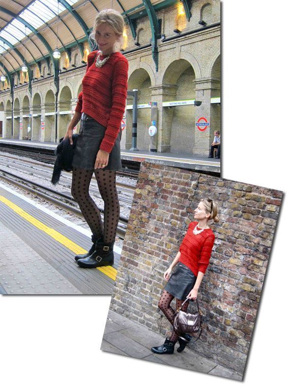 María León con falda de cuero de Pedro del Hierro, jersey rojo de Maje del verano pasado, collar de Pedro del Hierro, medias de lunares de Wolford, mi bolso de Marc Jacobs y botas militares de TOPSHOP