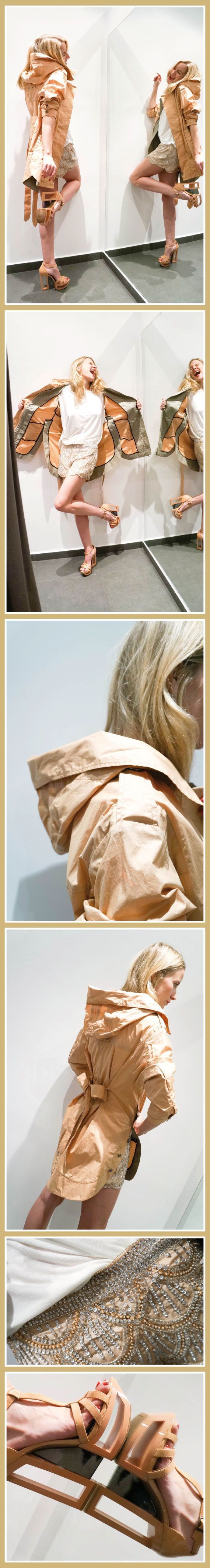 María León con shorts-joya en tono nude de BDBA, sandalias de plataforma de Jessica Simpson y gabardina nude de HOSS INTROPIA