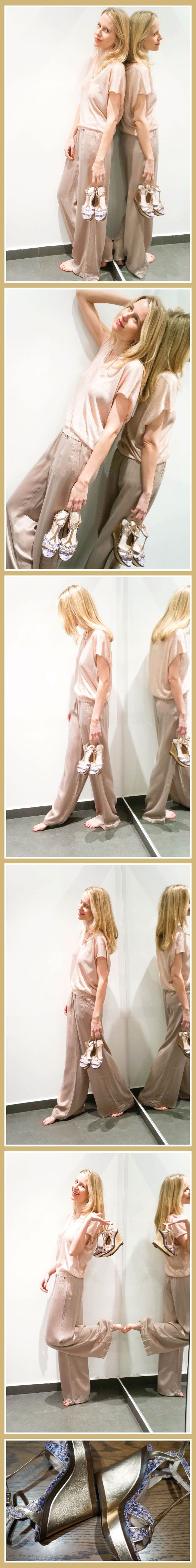 María León con top de lúrex nude de Virgine Castaway, pantalón de seda de BDBA y sandalia estampada pitón en tonos azules y morados de Vince Camuto