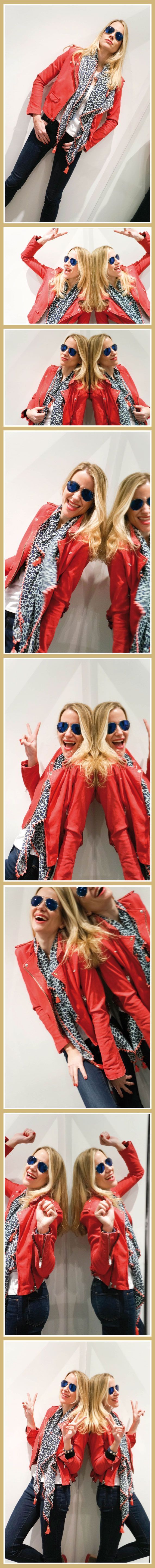 María León con cazadora de piel en fucsia de Iro, fulard print con flúor de Maison Scotch, gafas de sol con lente azul de Police