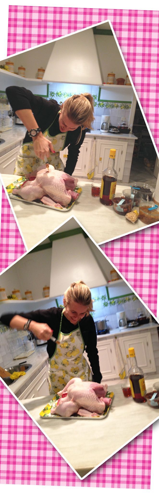 Momento divertido de María León preparando el pavo