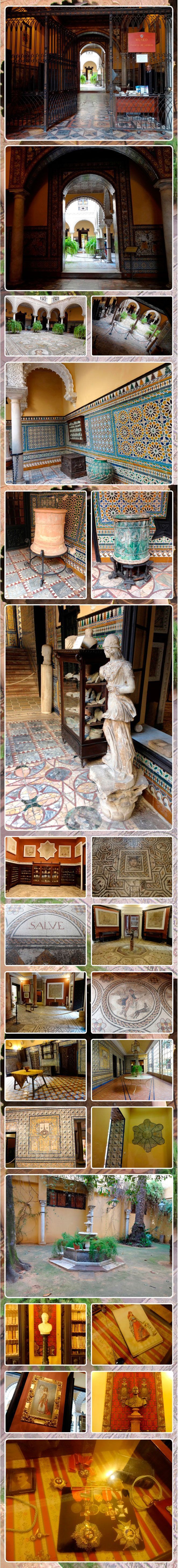 El zaguán con azulejos del siglo XVIII, el patio principal con un mosaico original del siglo II y III d.C, los salones rojos donde hay vitrinas con objetos romanos y la Sala de la Medusa El zaguán con azulejos del siglo XVIII, el patio principal con un mosaico original del siglo II y III d.C, los salones rojos donde hay vitrinas con objetos romanos y la Sala de la Medusa