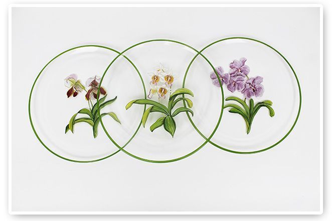Platos de cristal francés pintados a mano con orquídeas, sobre unos de porcelana de falsa madera (diseño de Alberto Pinto)