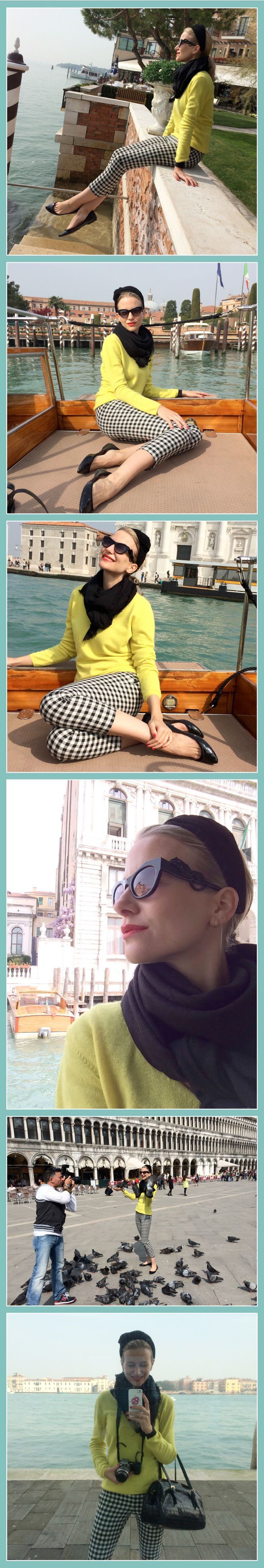 María León con outfit de pantalones de cuadros de Zara, jersey de cashmere amarillo de Galerias Laffayette, bailarinas de Stradivarius, fular de mi fondo de armario, gafas de Givenchy, bolso de Pedro del Hierro, diadema de Pedro del Hierro Madrid y un toque sexy de labios rojos de Yves Saint Laurent
