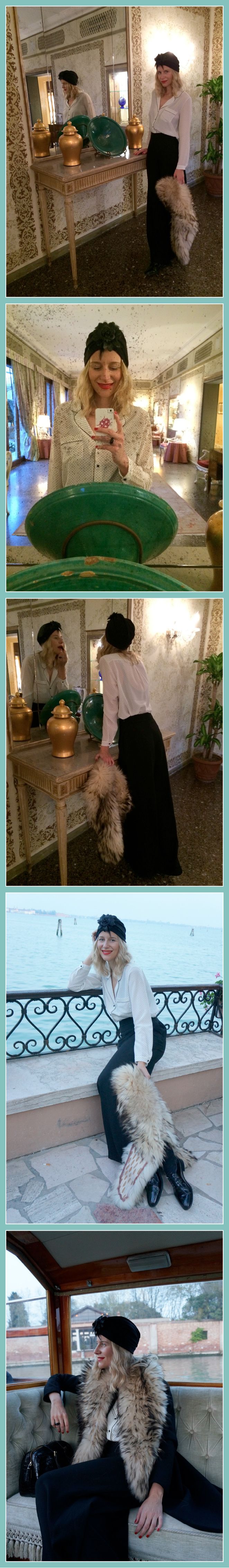 María León con outfit  creado con pantalones negros de Mango, que combiné con camisa de Des Petits Hauts comprada en la calle Claudio Coello 81 de Madrid, zapatos de cordones de Zara, abrigo  negro de Pedro del Hierro, estola de pelo de Nelsy Chelala, turbante de Ontop Barcelona, bolso de Pedro del Hierro y toque de labios rojos de Yves Saint Laurent