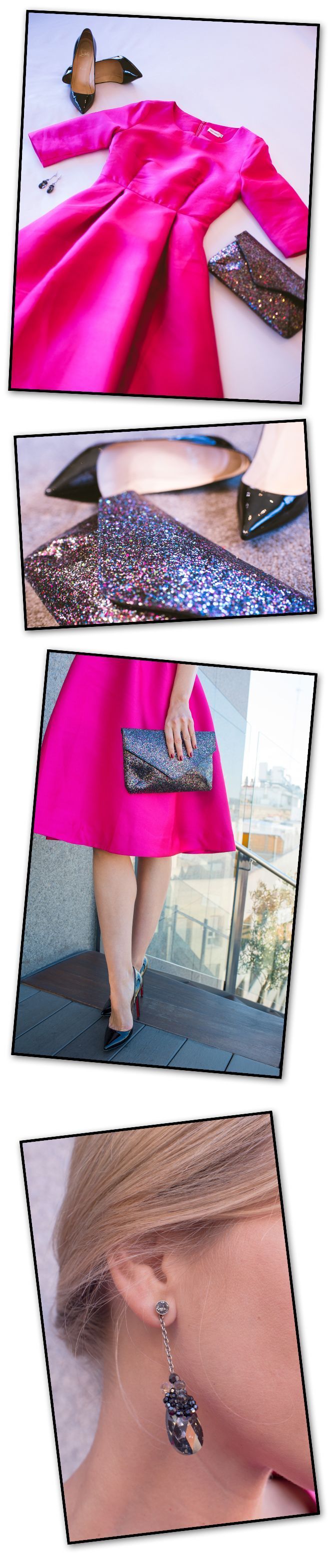 Combinación con un vestido años 50, zapatos de salón, cartera glitter y pendientes largos con destellos para dar luz a la cara