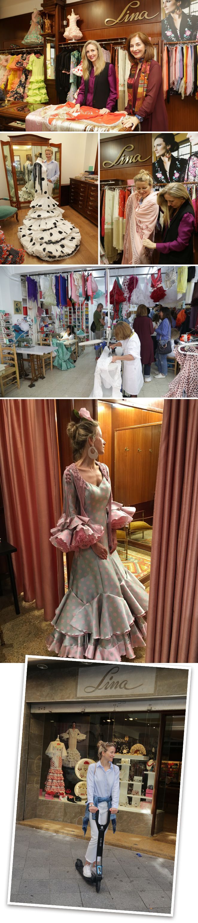 Luego tuvieron la oportunidad de adentrarse en el taller de Lina, la diseñadora más veterana de trajes de flamenca de Sevilla, que comenzó su carrera en 1969 y que saltó a la fama por ser la persona que vistió Grace Kelly durante su visita a la Feria de Abril con un precioso vestido blanco y rosa que quedará en nuestra memoria para siempre.