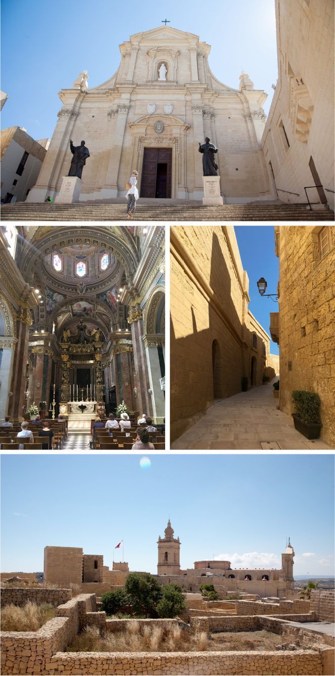 La Basílica de San Jorge donde hay una réplica espectacular del altar del Vaticano; La Plaza Sabina que es la principal de su capital donde hay un mercadillo; La Cittadella donde se sabe que hubo un poblado de la edad de bronce y donde posteriormente se asentaron los fenicios y luego romanos y Los templos prehistóricos (Malta tiene los templos megalíticos mas antiguos (3600 a.C) de Europa que se mantienen en pie).