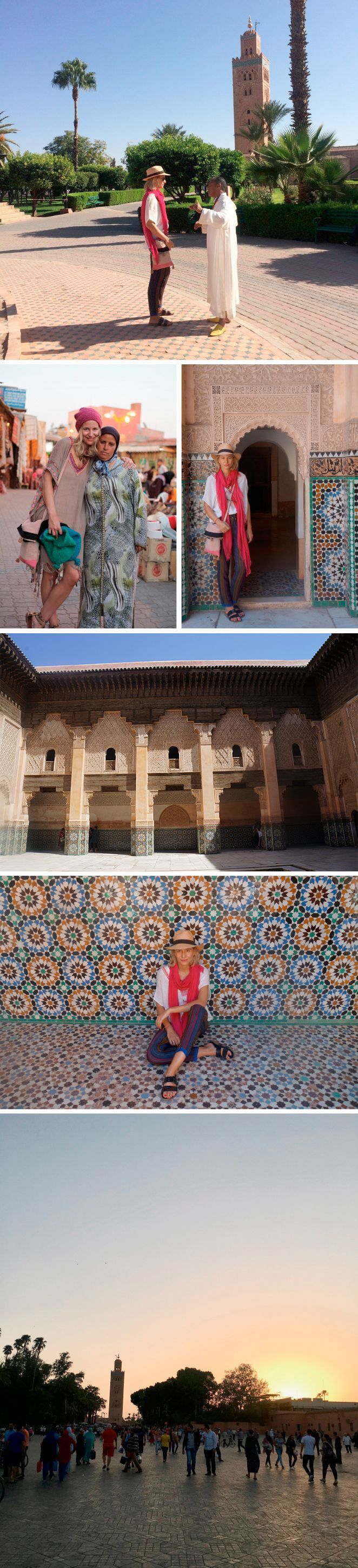 Cada esquina tiene una historia propia, como el minarete de la mezquita de Koutubia, rematado con tres bolas de oro creadas con las joyas fundidas de una princesa que redimió así su pecado de no haber ayunado en Ramadán; la calle de las siete vueltas (la primera de Marrakech, construida en el siglo XI); la Madrassa Ben Yusef, una escuela coránica de la Edad Media de estilo morisco con artesonados en relieve que simbolizan la esperanza; o la Jemma El-Fna, punto de encuentro de los habitantes de la ciudad, donde encuentras comida típica marroquí, plantas medicinales, artesanía... y un verdadero ir y venir de gente que convierte esta plaza en el corazón de Marrakech, declarada Patrimonio de la Humanidad en el 2001 por la UNESCO. Allí me encanta tomar, al atardecer, un té moruno en el Café Francés, un establecimiento mítico donde se reúnen los intelectuales bohemios de la ciudad.