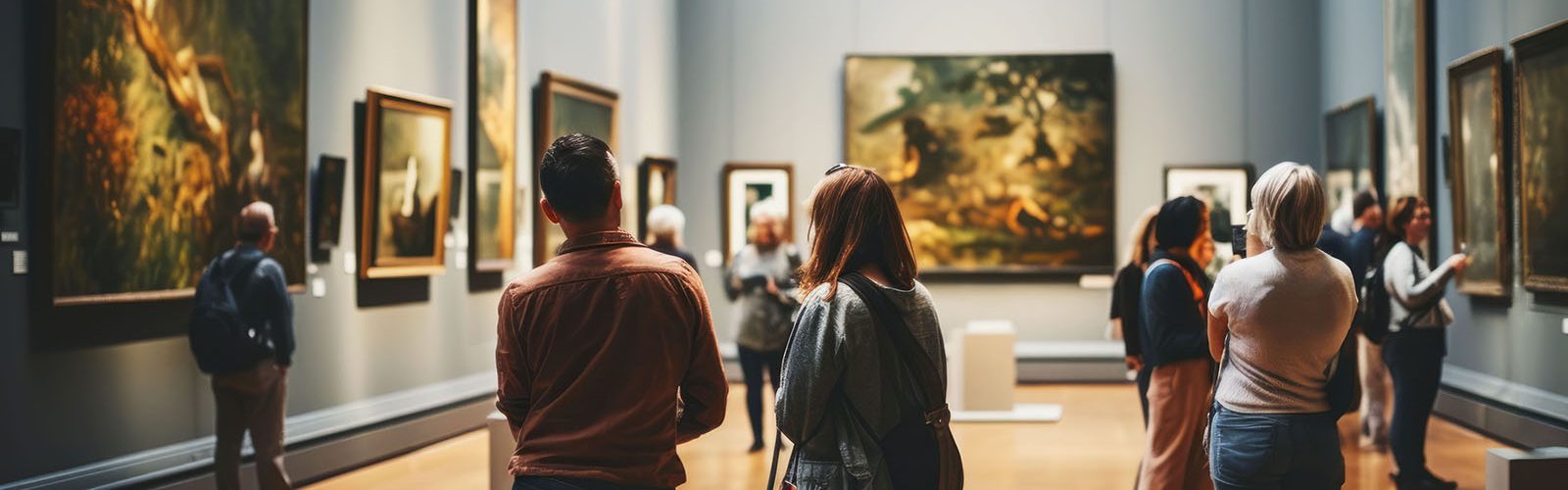 Visitors crowd viewing art on walls in museum or art gallery